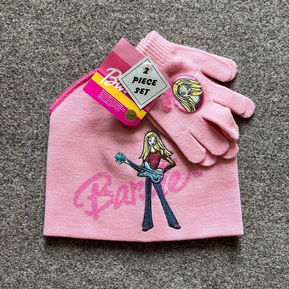 NWT Vintage Mattel Barbie Pink Embroidered Beanie Hat & Glove Set Girls Gift Y2K